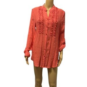Spense Rayon Long Roll Tab Sleeve Button Up Ruffled Textured Tunic Blouse Medium